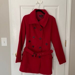 Juniors Double Breasted Red Pea Coat with Low Belt size Large
